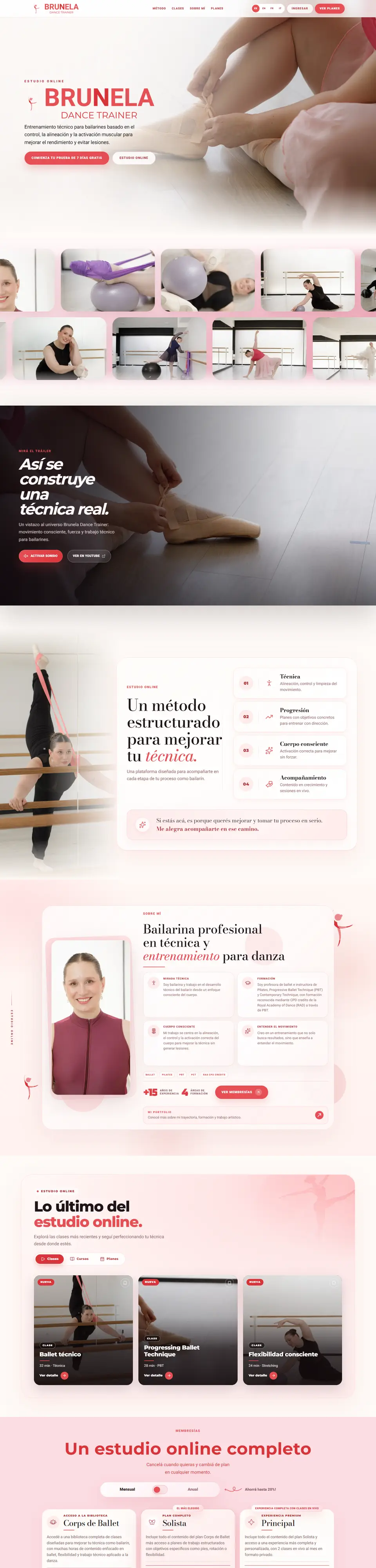 Captura completa de la página de inicio de Brunela Dance Trainer