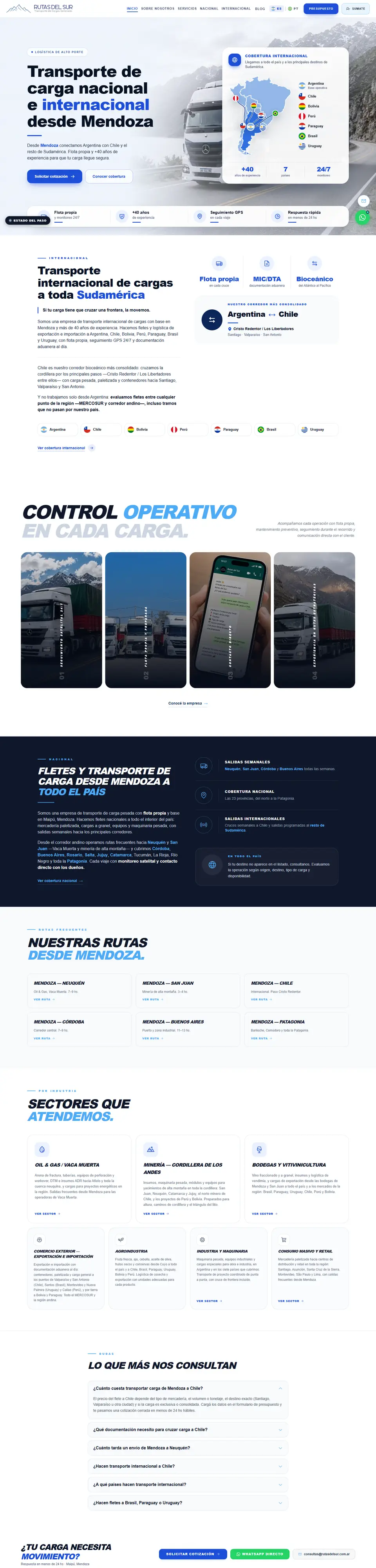 Captura completa de la página de inicio de Rutas del Sur